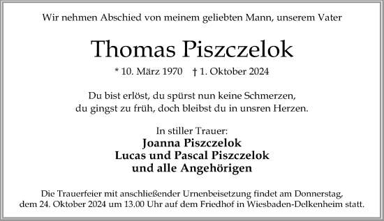 Traueranzeige von Thomas Piszczelok von Wiesbadener Kurier
