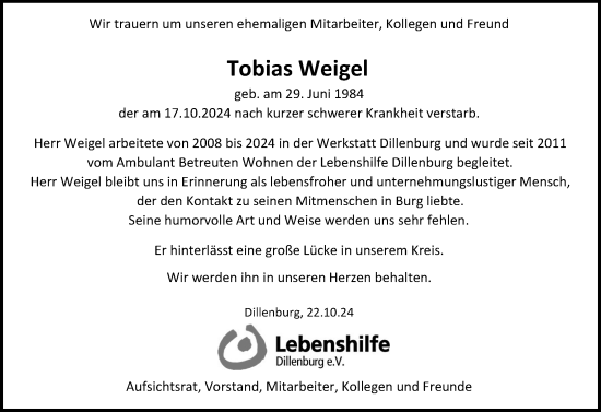 Traueranzeige von Tobias Weigel von Dill Block