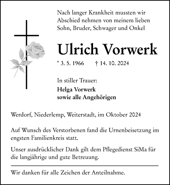 Traueranzeige von Ulrich Vorwerk von Wetzlarer Neue Zeitung