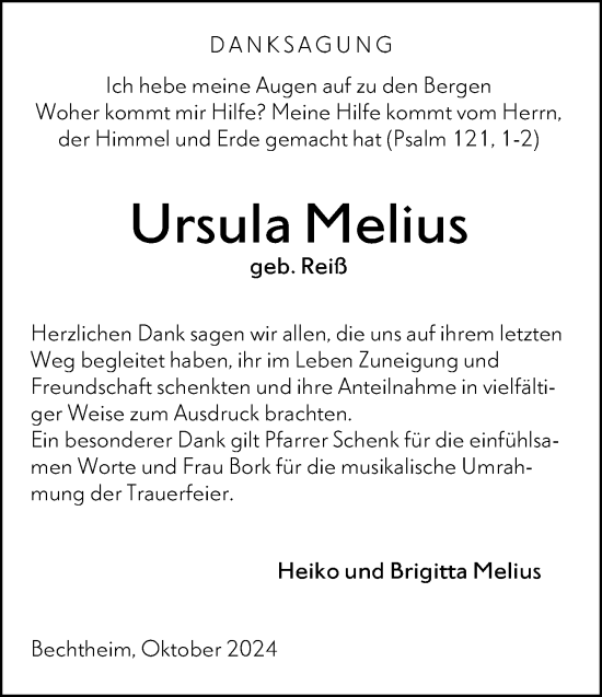 Traueranzeige von Ursula Melius von Wormser Zeitung
