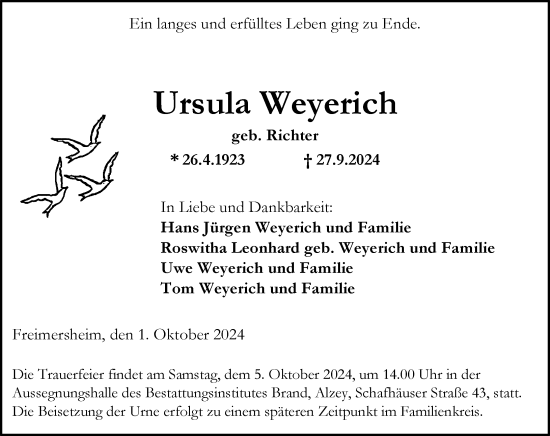Traueranzeige von Ursula Weyerich von Allgemeine Zeitung Alzey