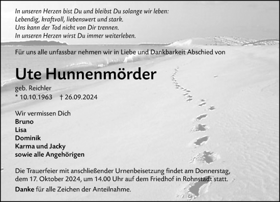 Traueranzeige von Ute Hunnenmörder von Weilburger Tageblatt