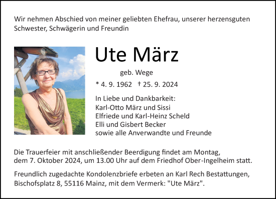 Traueranzeige von Ute März von Allgemeine Zeitung Rheinhessen-Nahe