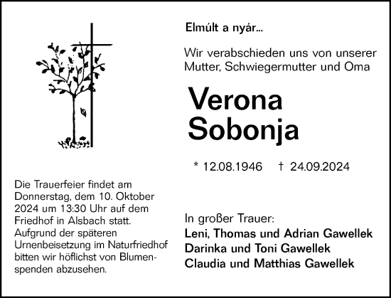 Traueranzeige von Verona Sobonja von Darmstädter Echo