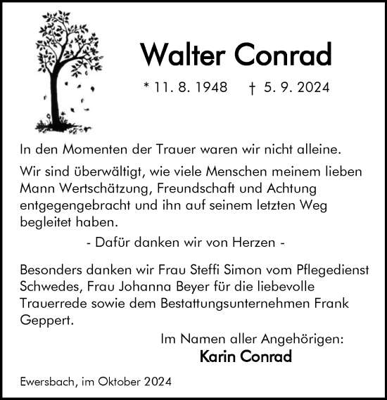 Traueranzeige von Walter Conrad von Dill Block