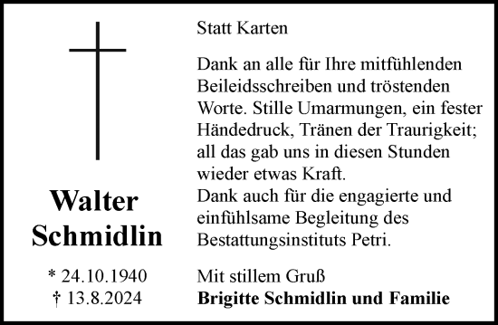 Traueranzeige von Walter Schmidlin von Rüsselsheimer Echo