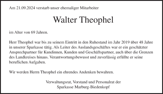 Traueranzeige von Walter Theophel von Hinterländer Anzeiger