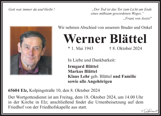 Traueranzeige von Werner Blättel von Nassauische Neue Presse