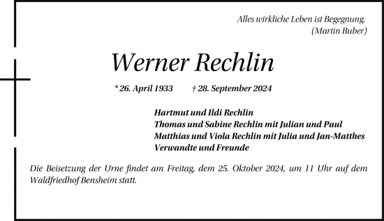 Traueranzeige von Werner Rechlin von Starkenburger Echo