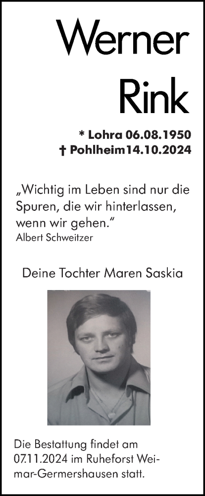 Traueranzeige von Werner Rink von Hinterländer Anzeiger