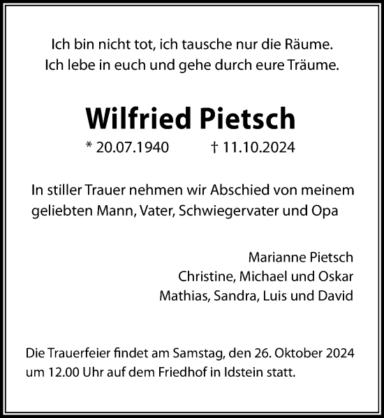 Traueranzeige von Wilfried Pietsch von Idsteiner Land/Untertaunus