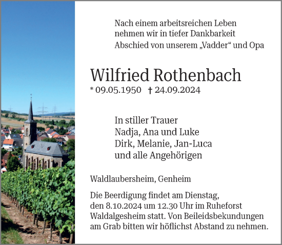 Traueranzeige von Wilfried Rothenbach von Allgemeine Zeitung Rheinhessen-Nahe