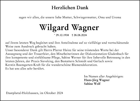 Traueranzeige von Wilgard Wagner von Hinterländer Anzeiger