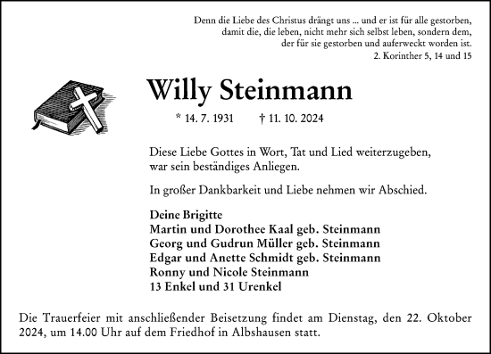 Traueranzeige von Willy Steinmann von Wetzlarer Neue Zeitung