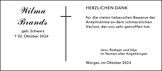 Traueranzeige von Wilma Brands von Camberger Anzeiger