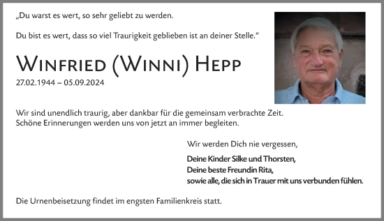 Traueranzeige von Winfried Hepp von Darmstädter Echo