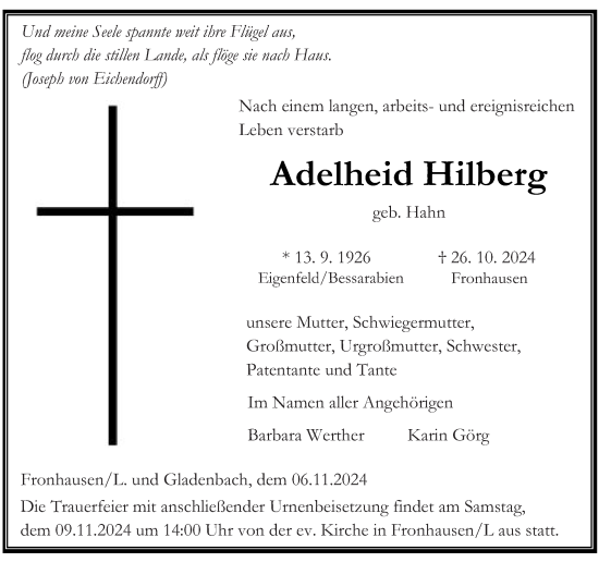 Traueranzeige von Adelheid Hilberg von Hinterländer Anzeiger