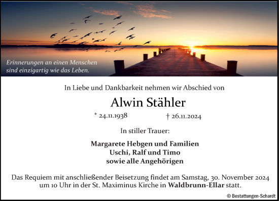 Traueranzeige von Alwin Stähler von Nassauische Neue Presse