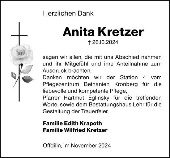 Traueranzeige von Anita Kretzer von Dill Block