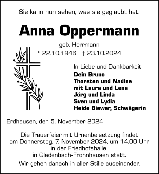 Traueranzeige von Anna Oppermann von Hinterländer Anzeiger