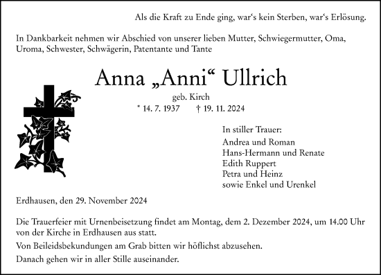 Traueranzeige von Anna Ullrich von Hinterländer Anzeiger