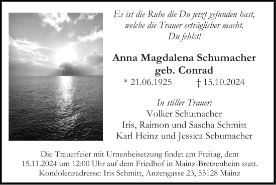 Traueranzeige von Anna Magdalena Schumacher von Allgemeine Zeitung Mainz