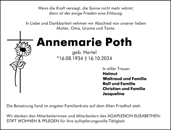 Traueranzeige von Annemarie Poth von Darmstädter Echo