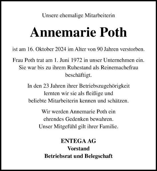 Traueranzeige von Annemarie Poth von Odenwälder Echo