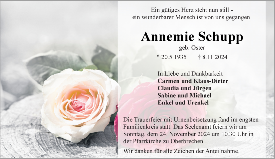 Traueranzeige von Annemie Schupp von Camberger Anzeiger