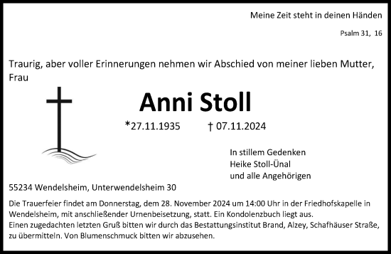 Traueranzeige von Anni Stoll von Allgemeine Zeitung Alzey