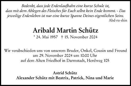Traueranzeige von Aribald Martin Schütz von Darmstädter Echo