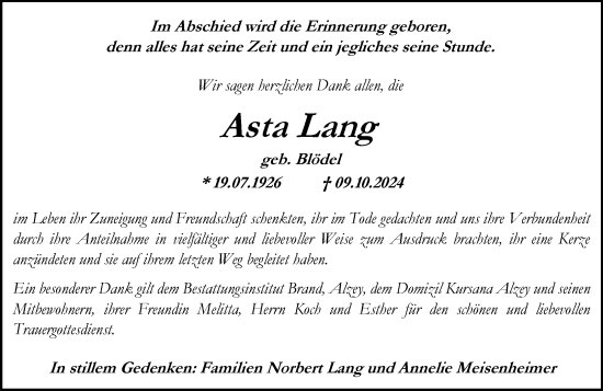 Traueranzeige von Asta Lang von Allgemeine Zeitung Alzey