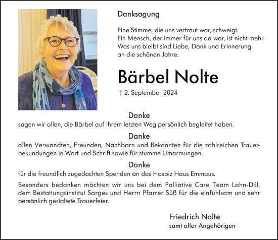 Traueranzeige von Bärbel Nolte von Wetzlarer Neue Zeitung