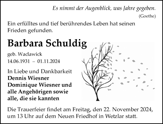 Traueranzeige von Barbara Schuldig von Wetzlarer Neue Zeitung