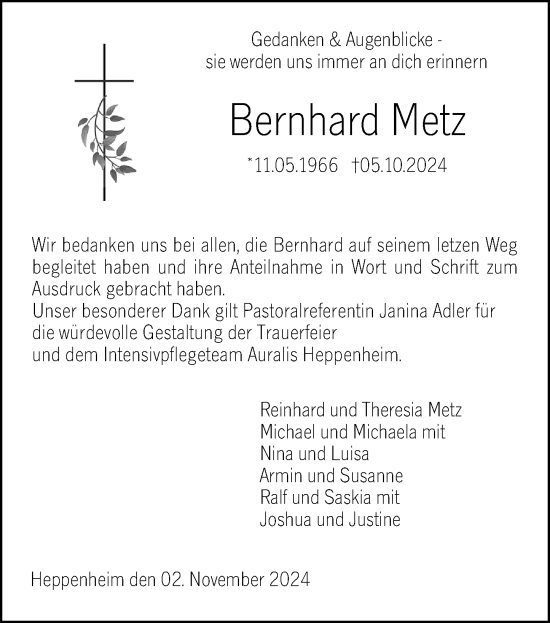 Traueranzeige von Bernhard Metz von Starkenburger Echo