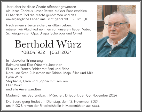 Traueranzeige von Berthold Würz von Dill Block