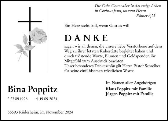 Traueranzeige von Bina Poppitz von Allgemeine Zeitung Rheinhessen-Nahe