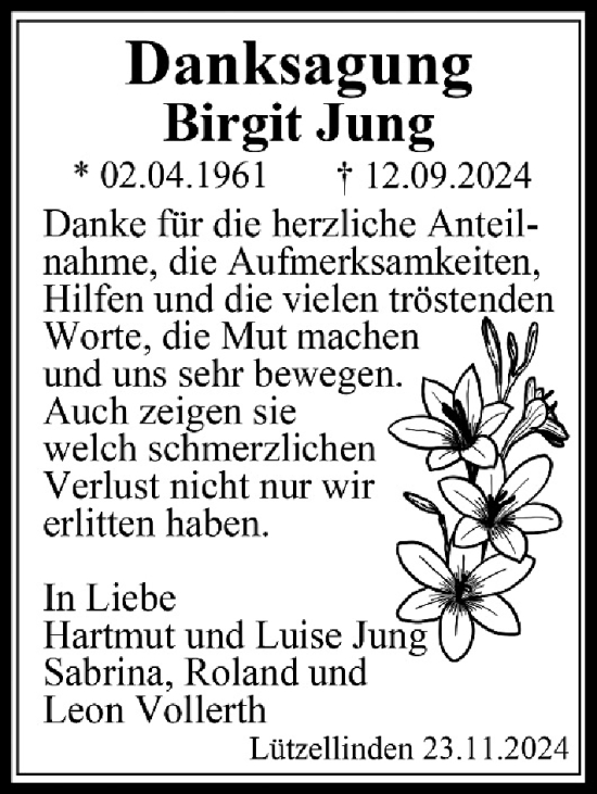 Traueranzeige von Birgit Jung von Wetzlarer Neue Zeitung