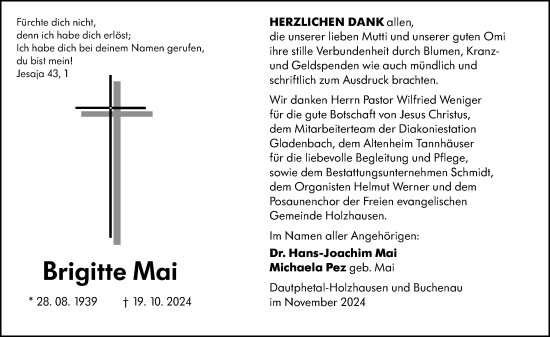 Traueranzeige von Brigitte Mai von Hinterländer Anzeiger