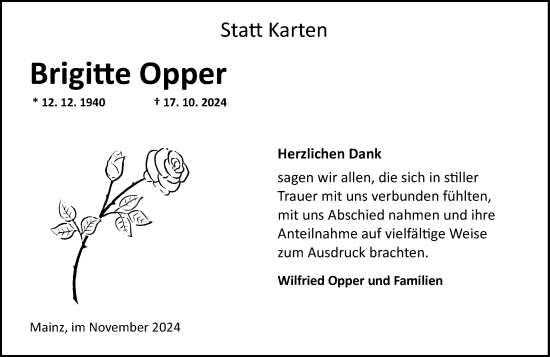 Traueranzeige von Brigitte Opper von Allgemeine Zeitung Mainz
