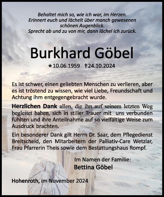 Traueranzeige von Burkhard Göbel von Dill Block