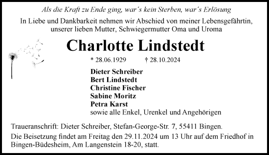 Traueranzeige von Charlotte Lindstedt von Allgemeine Zeitung Rheinhessen-Nahe