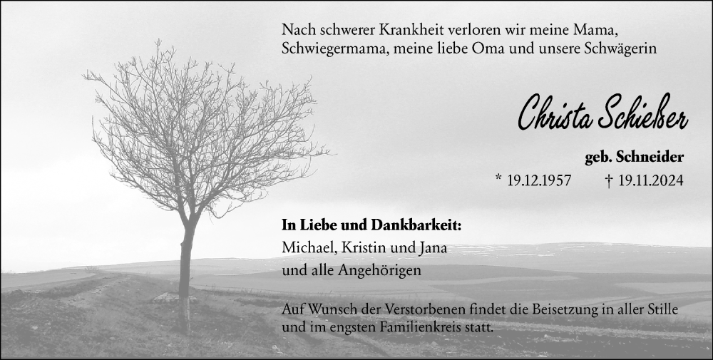  Traueranzeige für Christa Schießer vom 23.11.2024 aus Wiesbadener Kurier