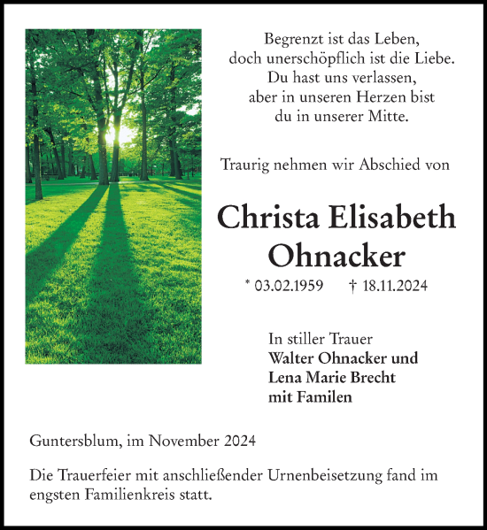 Traueranzeige von Christa Elisabeth Ohnacker von Allgemeine Zeitung Mainz