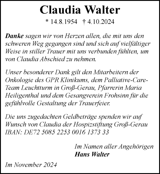 Traueranzeige von Claudia Walter von Rüsselsheimer Echo