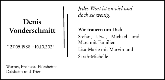 Traueranzeige von Denis Vonderschmitt von Wormser Zeitung
