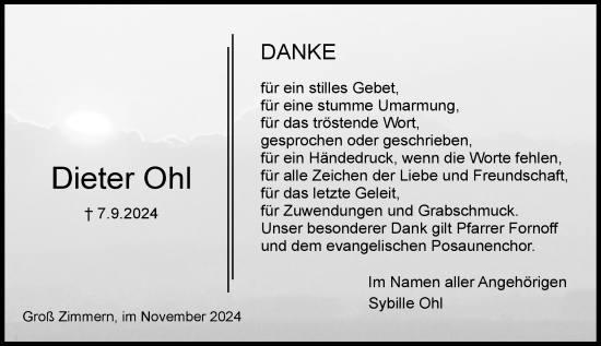 Traueranzeige von Dieter Ohl von Dieburger Anzeiger/Groß-Zimmerner Lokal-Anzeiger