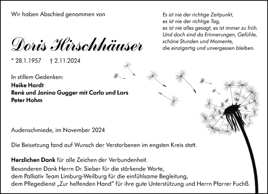 Traueranzeige von Doris Hirschhäuser von Weilburger Tageblatt