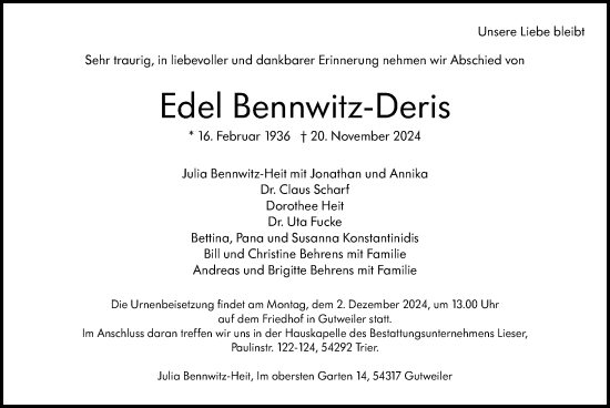 Traueranzeige von Edel Bennwitz-Deris von Allgemeine Zeitung Mainz