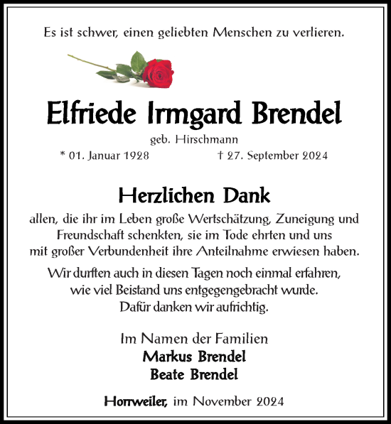 Traueranzeige von Elfriede Irmgard Brendel von Allgemeine Zeitung Rheinhessen-Nahe